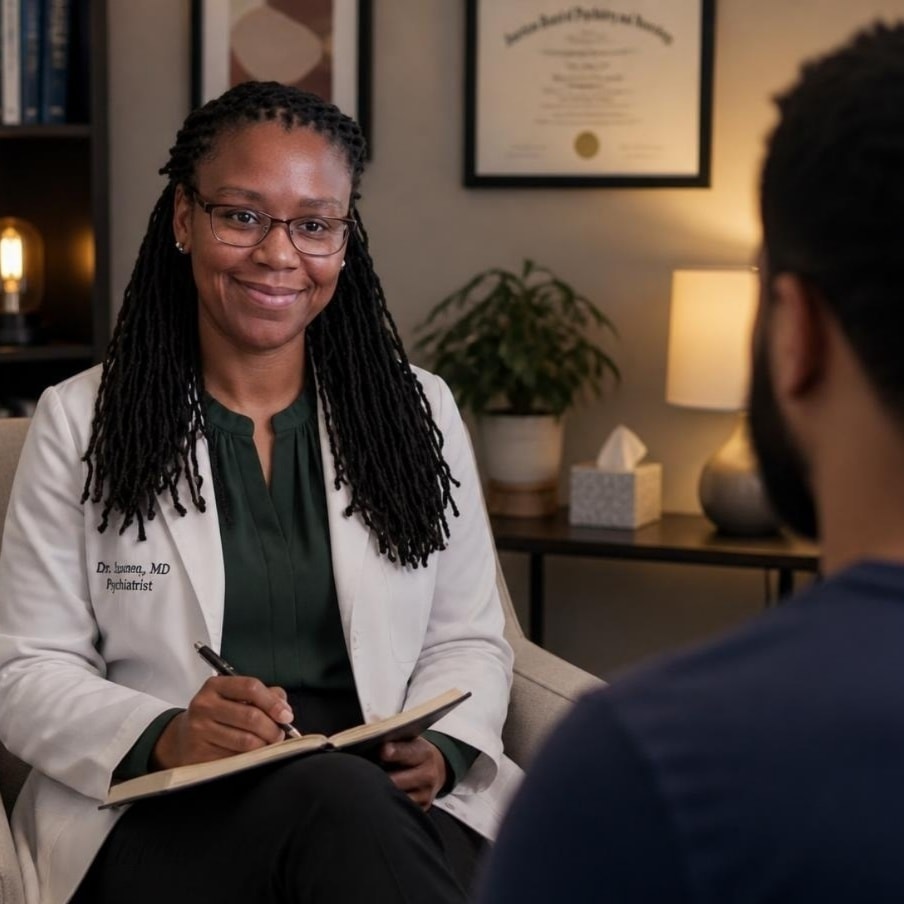 A counselor in a warm, supportive session with a family